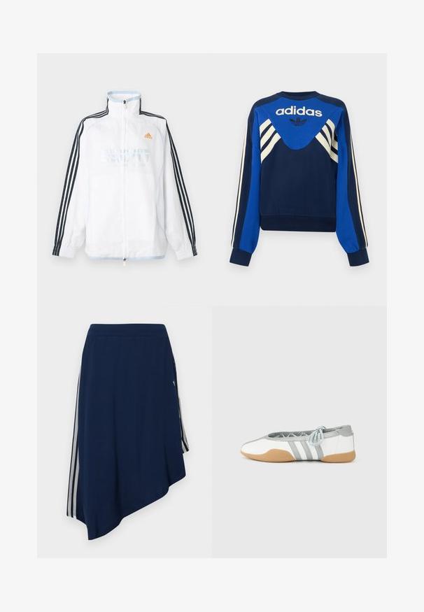 Λευκό μπουφάν Adidas με φερμουάρ και ψηλό γιακά, μαύρα μανίκια με τρεις ρίγες και πορτοκαλί λογότυπο στο στήθος.; Ναυτικό και μπλε φούτερ Adidas με λευκές ρίγες στα μανίκια και το στήθος, με λογότυπο Adidas και σχέδιο τριφύλλι μπροστά.; Μπλε ναυτικό ασύμμετρη φούστα με λευκές κάθετες ρίγες στις πλευρές και υφασμάτινο σχέδιο υφής.; Λευκές και γκρι μπαλαρίνες με στρογγυλερή μύτη και ελαστική κορδέλα, με τρεις γκρι ρίγες, και μπεζ λαστιχένια σόλα.
