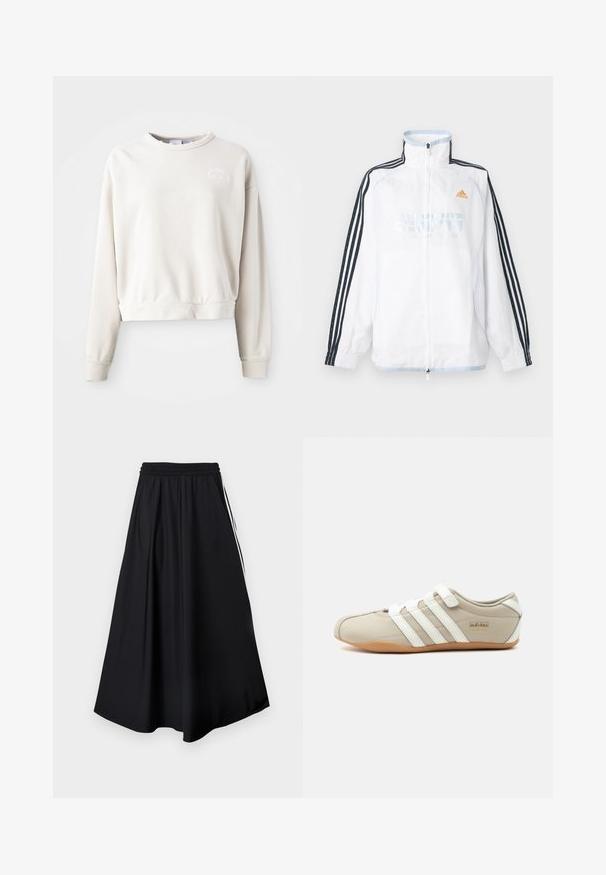 Biela bunda Adidas na zips s vysokým golierom, čiernymi rukávmi s tromi pruhmi a oranžovým logom na hrudi.; Krémový skrátený sweatshirt vyrobený z mäkkej tkaniny, s okrúhlym výstrihom, dlhými rukávmi a vyšívaným logom na hrudi.; Čierne nohavice s širokými nohavicami, elastickým pásom a bielymi bočnými pruhmi, zobrazené na jednoduchom bielom pozadí.; Béžová teniska Adidas Tokyo s bielymi pruhmi, suchými zipsami a gumovou podrážkou, zobrazená z boku na jednoduchom pozadí.