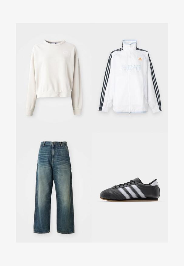 Valkoinen Adidas-vetoketjulla varustettu takki, jossa on korkea kaulus, mustat kolmiraidalliset hihat ja oranssi logo rinnassa.; Kermanvärinen lyhyt huppari, joka on valmistettu pehmeästä kankaasta. Siinä on pyöreä pääntie, pitkät hihat ja brodattu logo rinnassa.; Laineet tummansiniset leveät farkut haalistuneessa sinisessä värissä. Ominaisuuksiin kuuluu nappikiinnitys, viisi taskua ja näkyvät ompeleet. Materiaali on sileä.; Musta nahkakenkä urheilumalli valkoisilla raidoilla, pyöreällä varvalla, tasapohjalla ja nauhakohdistuksella. Varustettu rei'ityksillä hengittävyyden parantamiseksi.