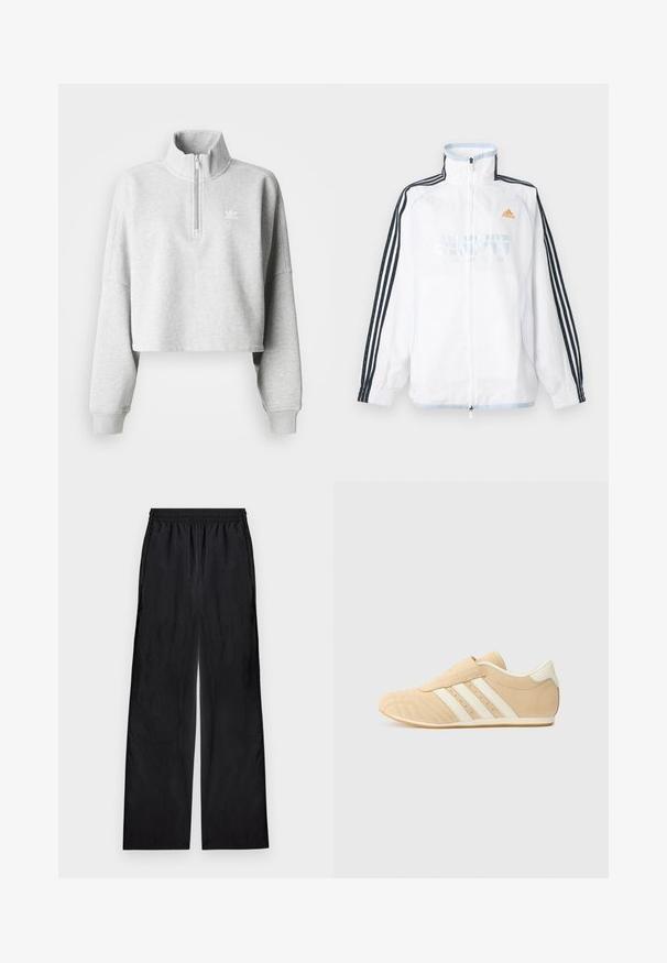 Valge Adidas lukuga jakk kõrge kraega, mustade kolme triibuga varrukatega ja oranži logoga rinnal.; Heled halli lühike sviiter kõrge kaelusega ja poolkinnituseta. Omab laiu varrukaid ja väikest valget logo rinnal. Puuvilla segune materjal.; Mustad laiad püksid elastse vöökoha ja kerge kangaga, laotatud lahtiselt helel taustal.; Kohvased ja kreemjad spordijalatsid siledast nahast pealsega, küljel on kolm valget triipu ja ümar varvas. Tekstuurse pealsega, kus on perforatsioonid.