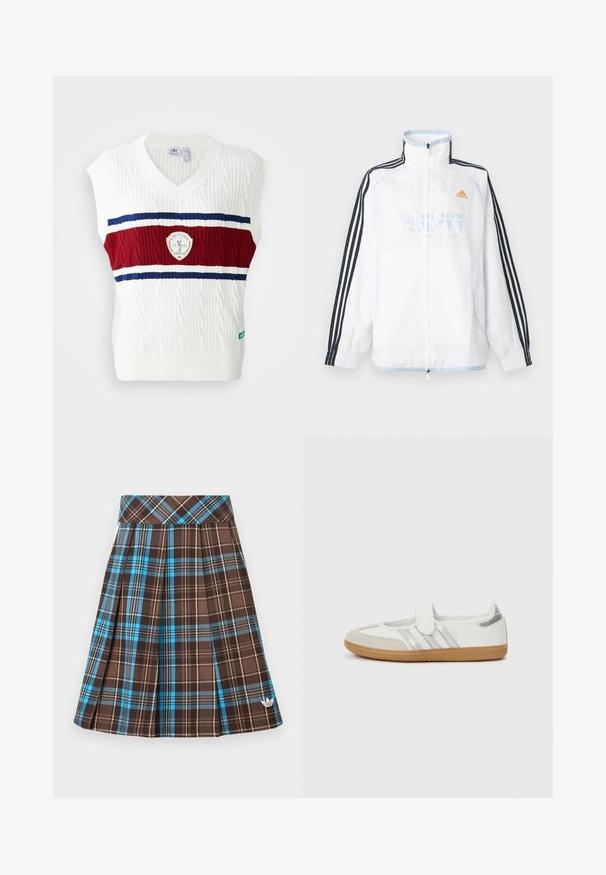 Biela bunda Adidas na zips s vysokým golierom, čiernymi rukávmi s tromi pruhmi a oranžovým logom na hrudi.; Biele bezrukávové tričko s textúrou v tregu, zdobené červeným a modrým pruhovaným pásom a kruhovým logom. Žebrovaný výstrih a lem.; Hnedá károvaná sukňa s modrými a béžovými prvkami. Má skladaný dizajn a vyšívané logo blízko okraja. Vyrobená zo štruktúrovanej tkaniny.; Biela teniska so striebornými pruhmi, zamatovou špičkou a suchým zipsom. Textúrovaná podrážka z gumy vo farbe žuvačky. Minimalistický dizajn s hladkým povrchom.