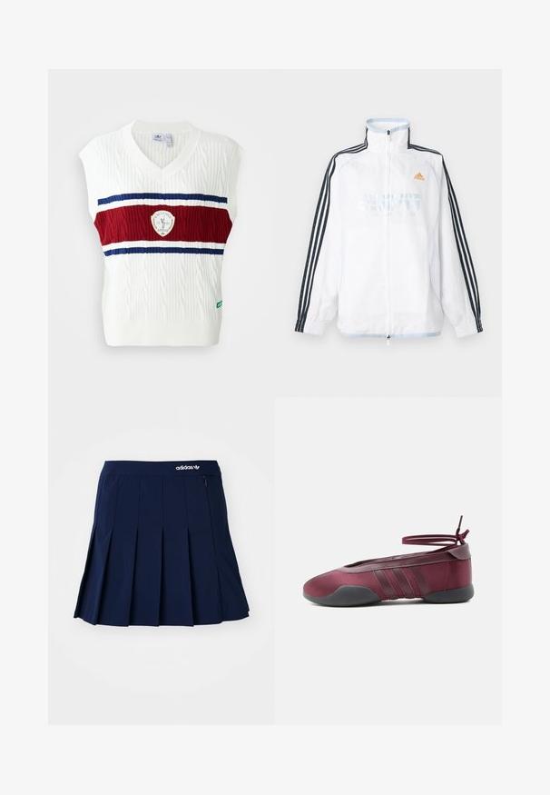 Witte Adidas jas met ritssluiting, hoge kraag, zwarte mouwen met drie strepen en oranje logo op de borst.; Witte mouwloze vest met kabelgebreide textuur, voorzien van een rood en blauwe gestreepte band en een cirkelvormig logo. Ribgebreide halslijn en zoom.; Marineblauwe plooienrok van lichtgewicht stof; heeft een elastische tailleband en een klein zipvak, met een wit Adidas-logo op de voorkant.; Bordeauxrode ballerina met zwarte zool, elastische enkelbandjes die in een strik zijn gebonden, en gestikte details aan de zijkanten, gezien vanaf de buitenkant.