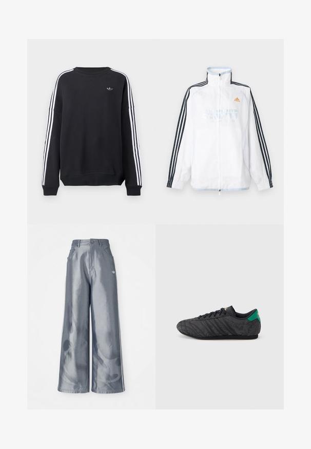 Λευκό μπουφάν Adidas με φερμουάρ και ψηλό γιακά, μαύρα μανίκια με τρεις ρίγες και πορτοκαλί λογότυπο στο στήθος.; Μαύρο φούτερ με μακριά μανίκια, λευκές ρίγες κατά μήκος κάθε μανικιού και μικρό γκρι λογότυπο στο στήθος. Υλικό από βαμβάκι, άνετη εφαρμογή.; Παντελόνια με φαρδιά πόδια από γυαλιστερό γκρι υλικό, που διαθέτουν άσπρες λωρίδες στα πλάγια και σχέδιο φλόγας στα κάτω άκρα. Κλείσιμο με κουμπί και φερμουάρ στη μέση.; Μαύρο αθλητικό παπούτσι με χαμηλό προφίλ και διακριτικό λουλουδάτο σχέδιο, μαύρα κορδόνια, πράσινη ταμπελίτσα στη φτέρνα και χρυσό λογότυπο στη γλώσσα και τη φτέρνα.
