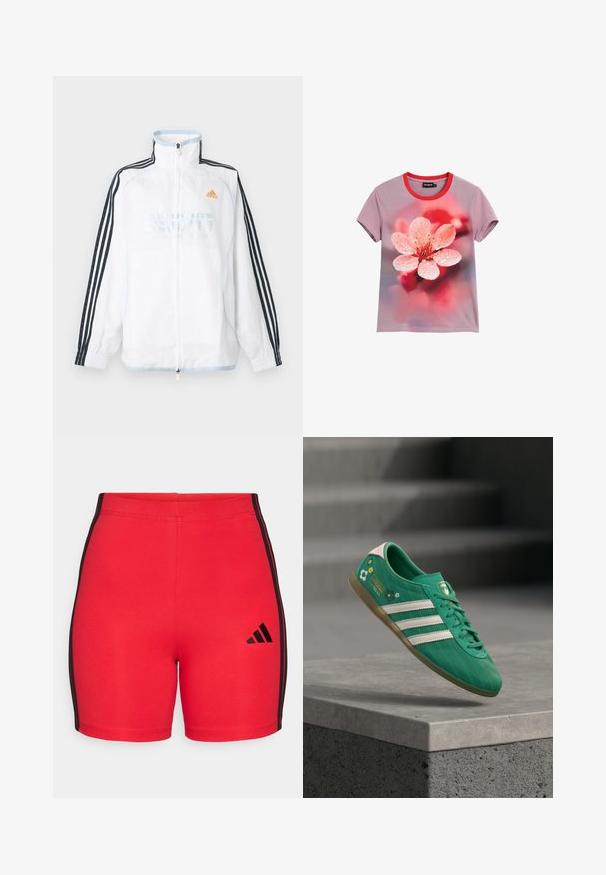 Valge Adidas lukuga jakk kõrge kraega, mustade kolme triibuga varrukatega ja oranži logoga rinnal.; Lühikeste varrukatega lavendli värvi T-särk punase kraega ning suure roosa kirsiõie ja veepiiskadega trükitud esiküljel.; Punased spordilühikesed, mis on valmistatud venivast kangast, mustade külgtriipudega ja väikese musta logoga vasakus allnurgas. Sile tekstuur, mugav lõige.; Roheline toss valgete kolmekordsete triipude, lillemotiivide, tekstureeritud pealsosa ja roosa kannatabiga. Kummist välistald haarduvuse tagamiseks.