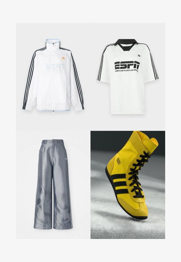 Biela bunda Adidas na zips s vysokým golierom, čiernymi rukávmi s tromi pruhmi a oranžovým logom na hrudi.; Biela košeľa s krátkym rukávom, s čiernym golierom, tromi čiernymi pruhmi na rukávoch a výrazným čiernym nápisom "ESPN" a "HERE'S NO PLACE LIKE SPOTS."; Široké nohavice z lesklého šedého materiálu, s bielymi bočnými pruhmi a plamenným vzorom na dolnej časti nohavíc. Zapínanie na gombík a zips v páse.; Vysoké tenisky vyrobené zo žltého syntetického materiálu, so zosilnenými čiernymi šnúrkami, tromi čiernymi pruhmi a logom na boku. Kvalitná gumová podrážka.
