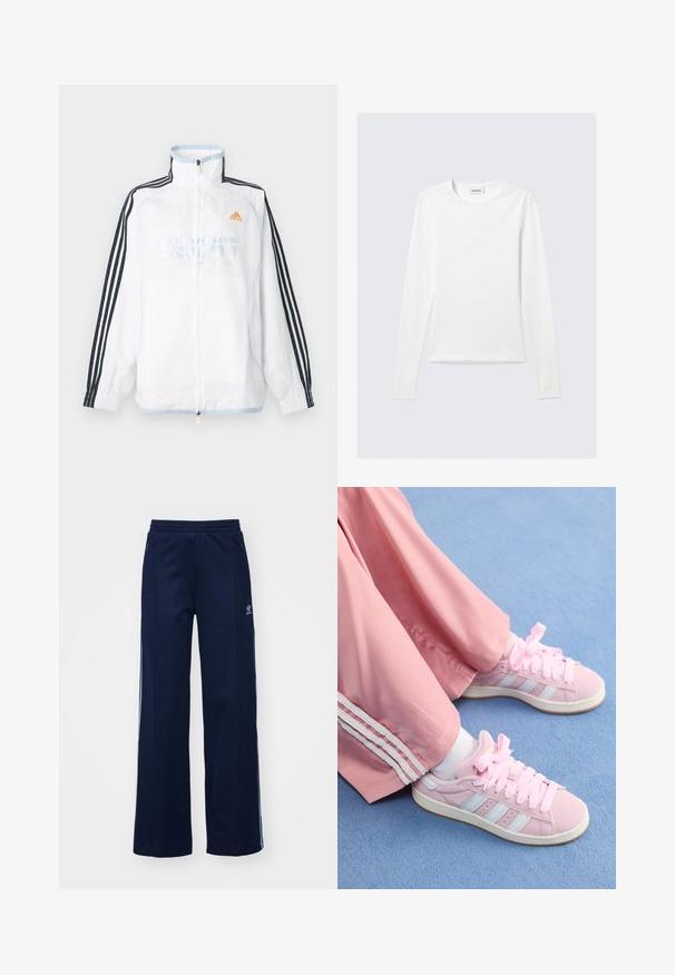 Biela bunda Adidas na zips s vysokým golierom, čiernymi rukávmi s tromi pruhmi a oranžovým logom na hrudi.; Biele jednofarebné tričko s dlhým rukávom a okrúhlym výstrihom s priliehavým strihom, zobrazené na svetlosivom pozadí.; Námornícke nohavice z bavlneného zmesi s širokým strihom, elastickým pásom a zipsovými vreckami, s bielymi bočnými pruhmi a detailom loga.; Ružové športové topánky so svetlomodrými pruhmi, okrúhlou špičkou a hrubými ružovými šnúrkami, kombinované s ružovými športovými nohavicami so bielymi bočnými pruhmi.