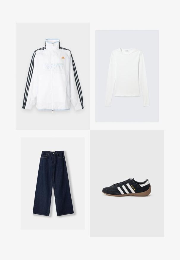 Biela bunda Adidas na zips s vysokým golierom, čiernymi rukávmi s tromi pruhmi a oranžovým logom na hrudi.; Biele jednofarebné tričko s dlhým rukávom a okrúhlym výstrihom s priliehavým strihom, zobrazené na svetlosivom pozadí.; Tmavomodré džínsové nohavice so širokými nohavicami, predným zapínaním na gombík a zips, prednými vreckami a pútkami na opasok, položené na bielom pozadí.; Čierna semišová teniska s tromi bielymi pruhmi, gumovou podrážkou a malým zlatým logom na boku. Má hladkú čiernu vnútornú podšívku.