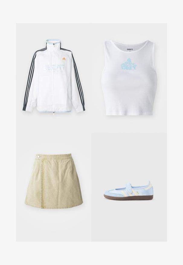 Chaqueta blanca de Adidas con cremallera, cuello alto, mangas negras con tres rayas y logo naranja en el pecho.; Top corto blanco de canalé con un escote redondo y un logo "OBEY" en azul claro centrado en el pecho. Textura suave y diseño ajustado.; Minifalda caqui hecha de tela suave, con un cierre de botón lateral, textura lisa y una silueta ligeramente acampanada con un dobladillo por encima de la rodilla.; Zapatilla azul claro con una tira de velcro, rayas crema en los lados, parte superior de tela suave y suela de goma marrón texturizada.