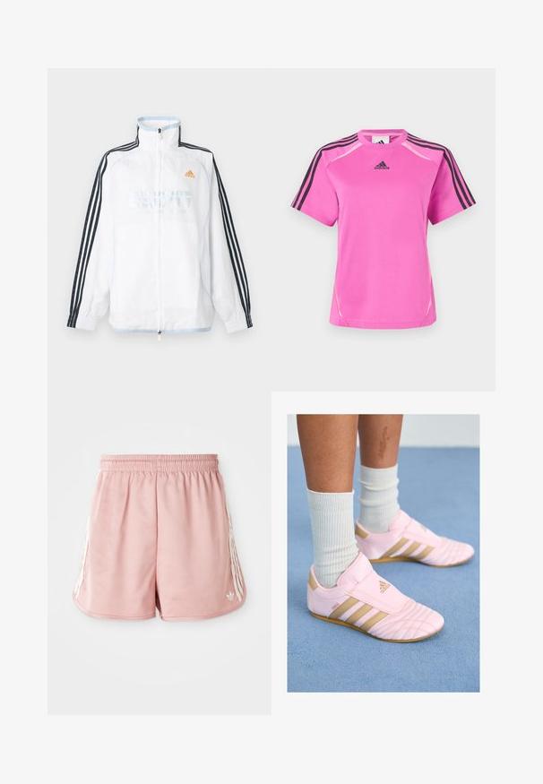 Witte Adidas jas met ritssluiting, hoge kraag, zwarte mouwen met drie strepen en oranje logo op de borst.; Helderroze Adidas sport t-shirt met zwarte drie-strepen detail op de mouwen en zwart Adidas-logo op de borst.; Roze sport shorts met een elastische tailleband, witte zijstreepdetails en een klein logo aan de onderkant van de linkervoorzijde. Glad textuur van de stof.; Roze sportieve schoenen met gouden accenten, textuur aan de voorkant en een ontwerp met drie strepen. Draagt met geribbelde witte sokken. Plat rubberen zool.