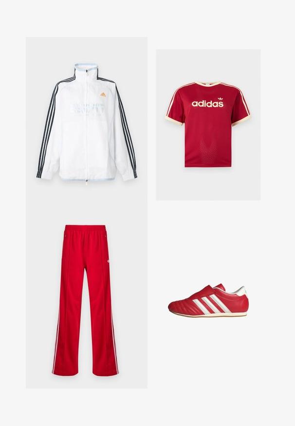 Valge Adidas lukuga jakk kõrge kraega, mustade kolme triibuga varrukatega ja oranži logoga rinnal.; Punane Adidas võrgust meeste särk beeži äärega krae, varrukate ja kolmekordsete triipude juures õlgadel, esiküljel Adidas logo ja tekstiga.; Punased spordipüksid lahtise lõikega, elastse vöörihma, kahe küljetasku ja valgete küljeribadega. Valmistatud siledast sünteetilisest materjalist.; Punane nahast spordijalats ümara kärgiga, tekstuuriga pealispind, valged küljeribad ja Velcro rihm. Lame kummisele, et tagada haardumine.
