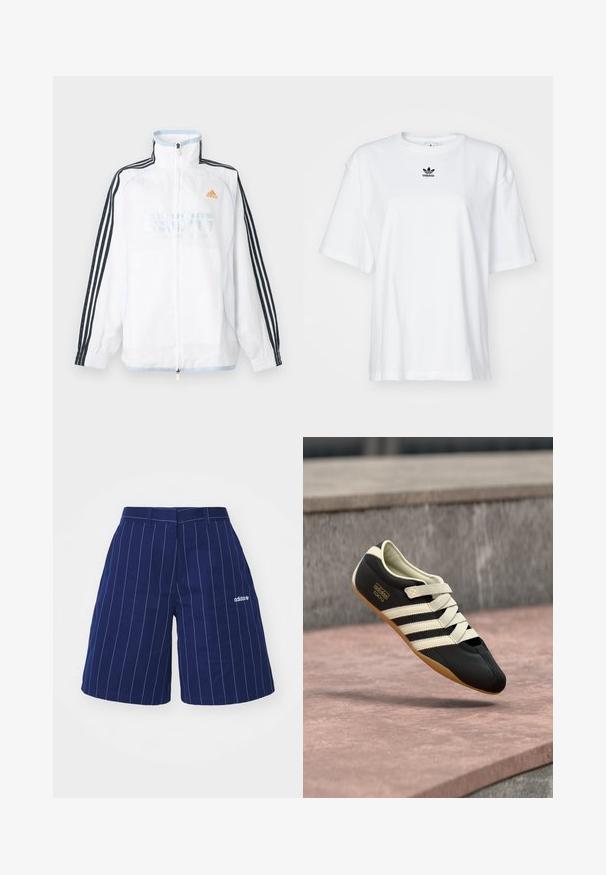 Weißes Adidas Zip-up-Jacke mit hohem Kragen, schwarzen Ärmeln mit drei Streifen und orangefarbenem Logo auf der Brust.; Weißes T-Shirt mit kurzen Ärmeln aus Baumwolle. Verfügt über einen Rundhalsausschnitt und ein kleines schwarzes Adidas-Logo auf der Brust. Gerader Saum.; Navyblaue Shorts mit weißen vertikalen Streifen, aus Baumwolle gefertigt, mit Gürtelschlaufen am Bund und einem gestickten Logo am linken Saum.; Schwarzer Sportschuh mit cremefarbenen Streifen und Schnürsenkeln, mit niedrigem Profil, glatter Textur und einer Gummisohle für guten Halt. Markenlabel sichtbar.