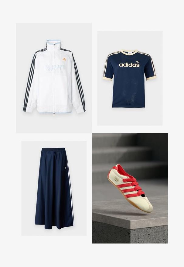 Λευκό μπουφάν Adidas με φερμουάρ και ψηλό γιακά, μαύρα μανίκια με τρεις ρίγες και πορτοκαλί λογότυπο στο στήθος.; Μπλε ναυτικό κοντομάνικο μπλουζάκι Adidas από δίχτυ με κρεμ λεπτομέρειες, τρεις κρεμ ρίγες στα μανίκια και το λογότυπο Adidas στο στήθος.; Μακριά φούστα σε ναυτικό μπλε με ελαστική μέση, δύο λευρές πλαϊνές ρίγες και μικρό λευκό λογότυπο Adidas στην αριστερή πλευρά.; Κόκκινο και κρεμ αθλητικό παπούτσι με τρεις κόκκινες ρίγες, μαλακό επάνω μέρος, λαστιχένια σόλα και λουριά με βέλκρο. Διαθέτει κομψό, χαμηλού προφίλ σχεδιασμό.