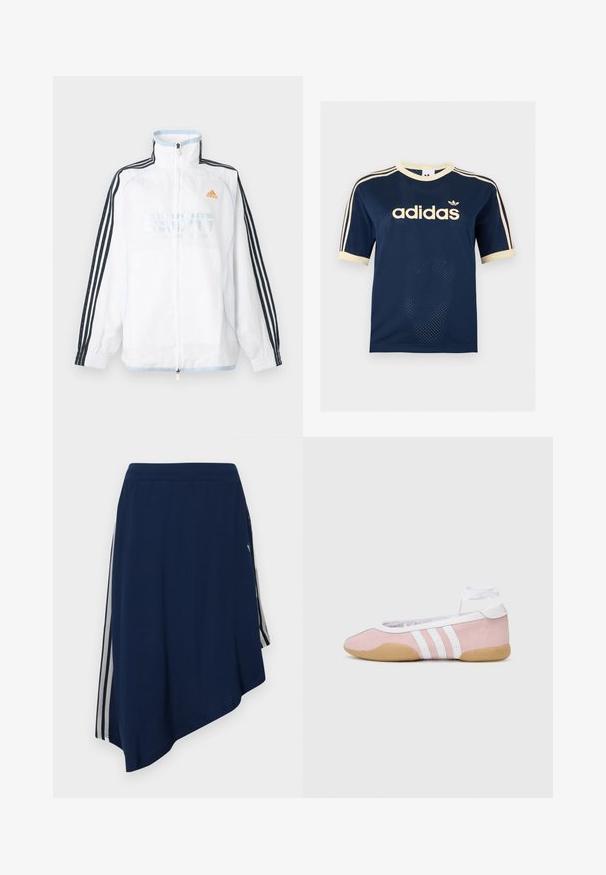 Biela bunda Adidas na zips s vysokým golierom, čiernymi rukávmi s tromi pruhmi a oranžovým logom na hrudi.; Tmavomodré Adidas sieťované tričko s krátkym rukávom s krémovým lemom, troma krémovými pruhmi na rukávoch a logom Adidas na hrudi.; Námornícky modrá asymetrická sukňa s bielymi vertikálnymi pruhmi po stranách a textúrovaným vzorom látky.; adidas Originals TAEKWONDO MEI BALLET - Tenisky - clear pink/ftwr white/gum