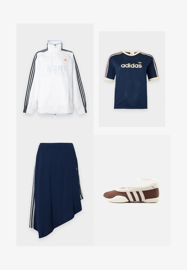 Hvid Adidas lynlåsjakke med høj krave, sorte ærmer med tre striber og orange logo på brystet.; Adidas mørkeblå mesh t-shirt med korte ærmer med cremefarvet kant, tre cremefarvede striber på ærmerne og Adidas-logo på brystet.; Marineblå asymmetrisk nederdel med hvide lodrette striber på siderne og et struktureret stofmønster.; Brun og hvid balletflad sko med tre hvide striber og ankelbånds sløjfe på en ensartet lys baggrund.