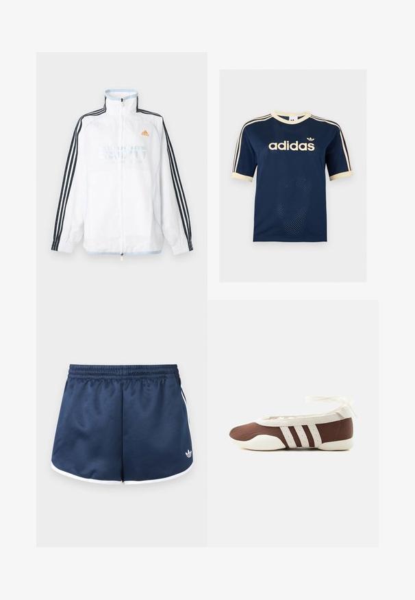 Λευκό μπουφάν Adidas με φερμουάρ και ψηλό γιακά, μαύρα μανίκια με τρεις ρίγες και πορτοκαλί λογότυπο στο στήθος.; Μπλε ναυτικό κοντομάνικο μπλουζάκι Adidas από δίχτυ με κρεμ λεπτομέρειες, τρεις κρεμ ρίγες στα μανίκια και το λογότυπο Adidas στο στήθος.; Σκούρο μπλε αθλητικό σορτς με ελαστική μέση, λευκή επένδυση στις άκρες και μικρό λευκό λογότυπο στο κάτω δεξί πόδι.; Καφέ και λευκό μπαλαρίνα με τρεις λευκές ρίγες και φιόγκο δεσίματος στον αστράγαλο σε απλό ανοιχτό φόντο.
