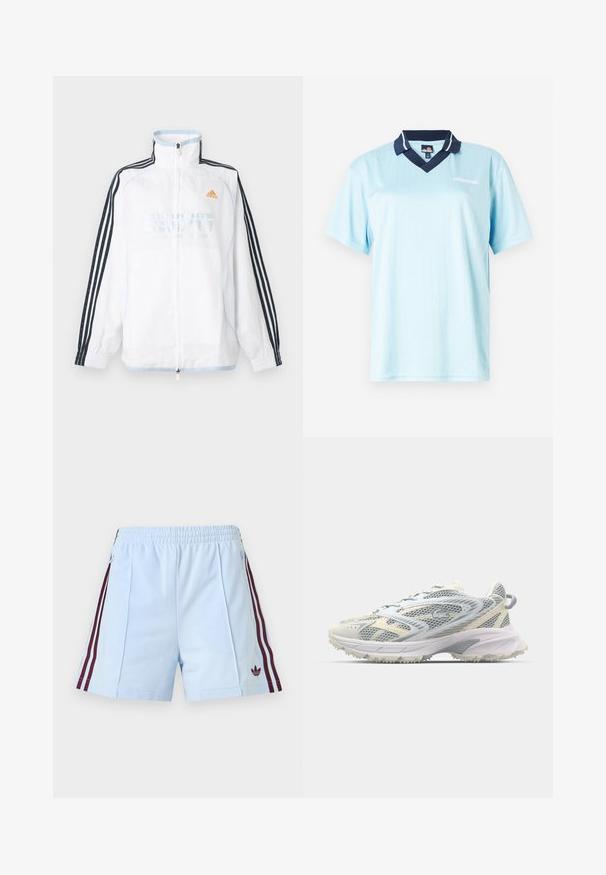Valge Adidas lukuga jakk kõrge kraega, mustade kolme triibuga varrukatega ja oranži logoga rinnal.; Hele sinine lühikeste varrukatega polo särk tumesinise kaelusega. Ees on vertikaalsed triibud ja logo aktsent. Sujuv, kerge kangas.; Hele sinised spordipüksid elastse vöökohaga, tumepunaste kolme triibuga külgedel ja väikese tumepunase Adidas logo vasakul jalal.; Hall ja kreemjas võrkmaterjalist spordijalats, millel on tekstuuriga pealmine osa, tugevdatud varvas ning hele ja vastupidav tallamuster haardumise tagamiseks.