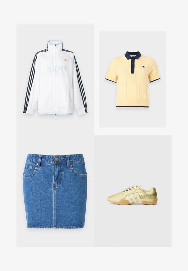 Λευκό μπουφάν Adidas με φερμουάρ και ψηλό γιακά, μαύρα μανίκια με τρεις ρίγες και πορτοκαλί λογότυπο στο στήθος.; Κίτρινη πλεκτή πόλο με κοντά μανίκια, ναυτικά μπλε γιακά, κόπιτσες, μανσέτες, περίγραμμα στην κάτω ραφή και μικρό κεντητό λογότυπο στο στήθος.; Μπλε μίνι φούστα από τζιν με μπροστινές τσέπες, θηλιές για ζώνη και κλείσιμο με μεταλλικό κουμπί με μικρή λεπτομέρεια λογοτύπου.; Λαχανί συνθετικό αθλητικό παπούτσι με λείο υφή, που διαθέτει τρεις λευκές ρίγες, απαλό εσωτερικό επένδυση και υφή από καουτσούκ στην εξωτερική σόλα.