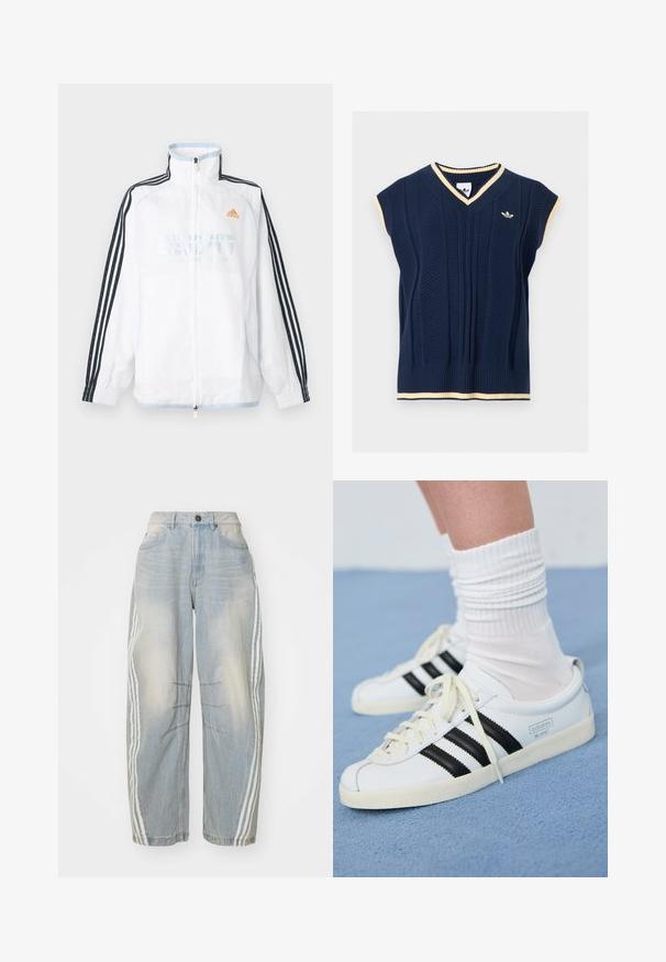 Λευκό μπουφάν Adidas με φερμουάρ και ψηλό γιακά, μαύρα μανίκια με τρεις ρίγες και πορτοκαλί λογότυπο στο στήθος.; Σκούρα μπλε ζακάρ γιλέκο χωρίς μανίκια με V-λαιμόκοψη, εκρού διακοσμητικές λεπτομέρειες στο λαιμό, στα μανίκια και στο τελείωμα, και μικρό λογότυπο Adidas στο αριστερό στήθος.; Ανοιχτό μπλε τζιν παντελόνι με χαλαρή εφαρμογή, διαθέτοντας λευκές ρίγες στα πλάγια, φθαρμένες λεπτομέρειες και κουμπί στο μέσο.; Λευκά δερμάτινα sneakers με μαύρες ρίγες, κρεμ σόλα και ανοιχτόχρωμες κορυφές. Φορεμένα με λευκές ριγωτές κάλτσες, τοποθετημένα σε μπλε φόντο.