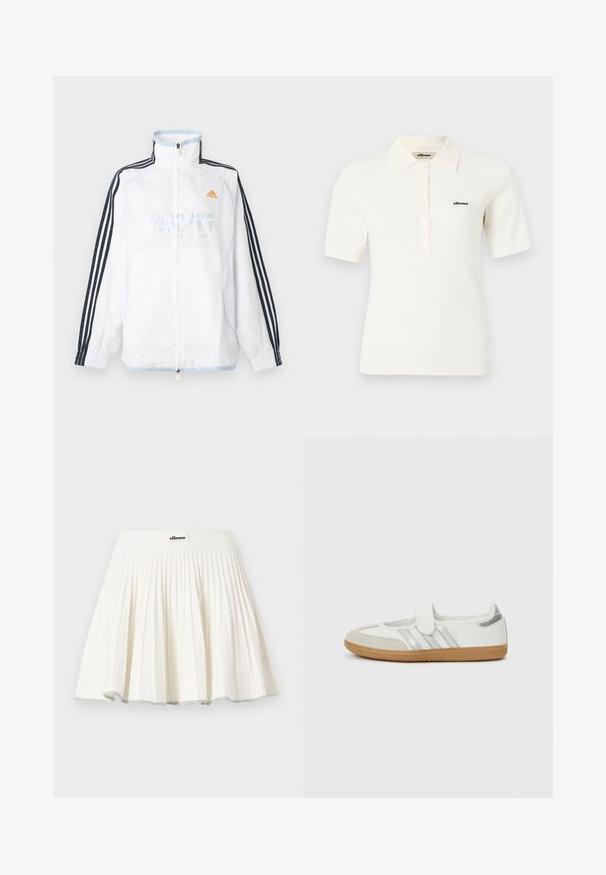 Veste zippée Adidas blanche avec col montant, manches noires à trois bandes et logo orange sur la poitrine.; Polo blanc à manches courtes en maille côtelée, avec col et patte de boutonnage, arborant un petit logo noir "ellesse" sur la poitrine gauche.; Jupe de tennis plissée blanche avec une large ceinture arborant un petit patch logo ellesse au centre devant.; Baskets blanches avec rayures argentées, embout en daim et bande velcro. Semelle en caoutchouc gomme texturée. Design minimaliste avec une finition lisse.