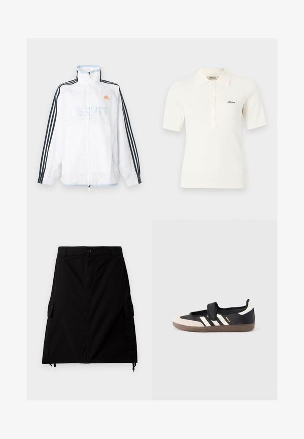 Biela bunda Adidas na zips s vysokým golierom, čiernymi rukávmi s tromi pruhmi a oranžovým logom na hrudi.; Biela krátkorukávová rebrovaná polokošeľa s golierom a zapínaním na gombíky, s malým čiernym logom "ellesse" na ľavej strane hrudníka.; Čierna cargo sukňa vyrobená z bavlneného zmesi s rovným strihom, obsahujúca bočné vrecká, predné zapínanie na gombík a nastaviteľný lem so šnúrkou.; Čierna a béžová teniska s pásikom na suchý zips, tromi bielymi pruhmi na boku a štruktúrovanou hnedou gumovou podrážkou. Viditeľné logo značky.
