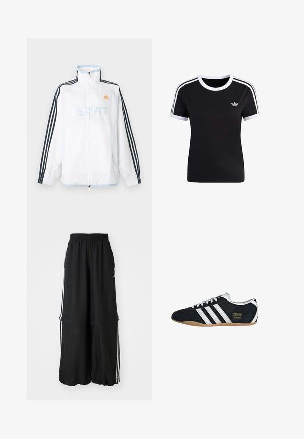 Biela bunda Adidas na zips s vysokým golierom, čiernymi rukávmi s tromi pruhmi a oranžovým logom na hrudi.; Čierne tričko s krátkym rukávom s bielymi akcentmi, okrúhlym výstrihom a tromi bielymi pruhmi na každom ramene. Na hrudi má malé logo.; Čierne športové nohavice s elastickým pásom, bočnými prúžkami a voľným strihom so zúženým lemom pre vzdušný siluetu.; Čierne semišové tenisky s bielymi tromi pruhmi, zlatým logom a hnedou gumovou podrážkou. Disponujú nízkym šnurovacím dizajnom.
