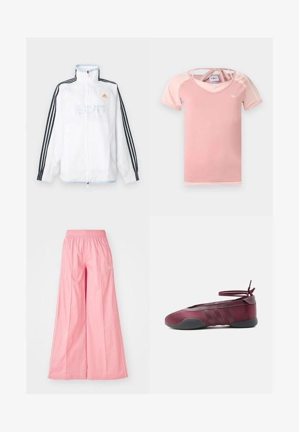 Biela bunda Adidas na zips s vysokým golierom, čiernymi rukávmi s tromi pruhmi a oranžovým logom na hrudi.; Svetloružové športové tričko s krátkym rukávom s tmavšími ružovými ramenami, bielym logom Adidas na hrudi a prekríženými ramienkami na zadnom golieri.; Ružové široké nohavice vyrobené z ľahkej tkaniny, s elastickým pásom a jemnými bielymi bočnými prúžkami. Malé logo na prednej strane.; Burgundské balerínky s čiernou podrážkou, elastickými remienkami na členku zviazanými do mašle a prešívanými detailmi na bokoch, zobrazené z vonkajšej strany.