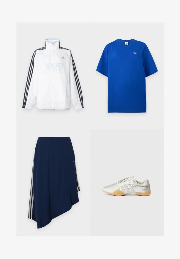 Λευκό μπουφάν Adidas με φερμουάρ και ψηλό γιακά, μαύρα μανίκια με τρεις ρίγες και πορτοκαλί λογότυπο στο στήθος.; Μπλε κοντομάνικο T-shirt Adidas με στρογγυλή λαιμόκοψη και μικρό λευκό λογότυπο Adidas trefoil στο αριστερό μέρος του στήθους.; Μπλε ναυτικό ασύμμετρη φούστα με λευκές κάθετες ρίγες στις πλευρές και υφασμάτινο σχέδιο υφής.; Αθλητικό παπούτσι σε ασημί χρώμα με λείο δερμάτινο πάνω μέρος, ελαστική σόλα και υφασμένους διακοσμητικούς τόνους. Διαθέτει καμπυλωτό σχέδιο και κορδόνια στο ίδιο χρώμα.