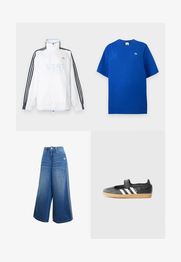 Biela bunda Adidas na zips s vysokým golierom, čiernymi rukávmi s tromi pruhmi a oranžovým logom na hrudi.; Modré tričko Adidas s krátkym rukávom a okrúhlym výstrihom, s malým bielym logom Adidas trefoil na ľavej strane hrudníka.; Džíny s širokými nohavicami v stredne modrej farbe, s vysokým pásom, jemnými švovými detailmi a malým bielym logom na prednej strane.; Čierne kožené a zamšové tenisky s Velcro pásikom, s tromi bielymi pruhmi a gumenou podrážkou, označené nápisom "SAMBA" na boku.