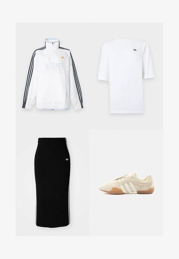 Witte Adidas jas met ritssluiting, hoge kraag, zwarte mouwen met drie strepen en oranje logo op de borst.; Wit Adidas T-shirt met korte mouwen en een klein zwart trefoil-logo op de linkerborst.; Zwarte geribbelde midi-rok met een slim fit ontwerp, voorzien van witte zijstrepen en een klein wit embleem aan de linkerkant.; Lage beige sneaker met drie witte strepen, gestructureerde suède zijpanelen, rubberen zool en vetersluiting op een effen achtergrond.