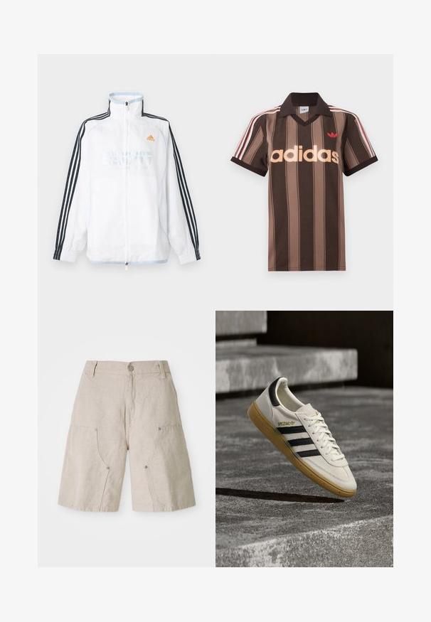 Valge Adidas lukuga jakk kõrge kraega, mustade kolme triibuga varrukatega ja oranži logoga rinnal.; Pruunide triipudega Adidas polotee, V-kaelusega, bordeau krae ja punase logoga. Omad valge ja punase triibuga õlad ning lühikesed varrukad.; Beez lina lühikesed püksid, millel on vabalt langev lõige, sisaldavad kahte eesmist taskut ja ümmargused metallekstrud. Igapäevane disain tekstuuriga viimistlusega.; Valge Adidas Spezial toss mustade triipude ja kummist tallaga hõljumas hallide kiviste astmete kohal õues.