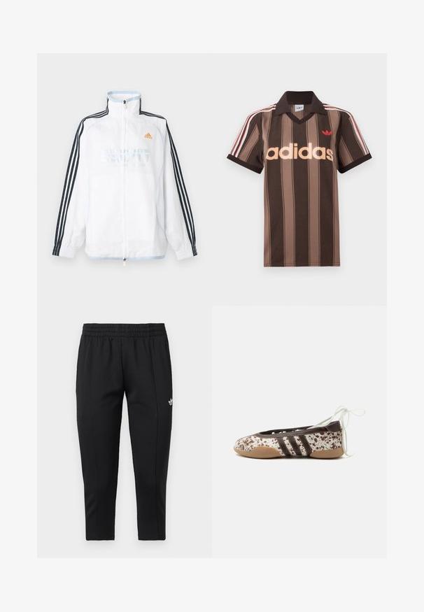 Λευκό μπουφάν Adidas με φερμουάρ και ψηλό γιακά, μαύρα μανίκια με τρεις ρίγες και πορτοκαλί λογότυπο στο στήθος.; Καφέ ριγέ πόλο μπλουζάκι Adidas με V-λαιμόκοψη, μπορντό γιακά και κόκκινο λογότυπο. Διαθέτει λευκές και κόκκινες ρίγες στους ώμους, κοντά μανίκια.; Μαύρο στενό παντελόνι φόρμας με ελαστική μέση και λευκό λογότυπο Adidas στην επάνω αριστερή μηριαία περιοχή.; Πλατύτερο παπούτσι μπαλέτου με καφέ και λευκό πουά μοτίβο, τρεις σκούρες ρίγες στο πλάι, ανοιχτό καφέ σόλα και λευκά κορδόνια στο πόδι.