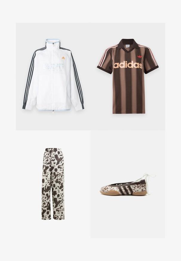 Witte Adidas jas met ritssluiting, hoge kraag, zwarte mouwen met drie strepen en oranje logo op de borst.; Bruine gestreepte Adidas polo met V-hals, bordeauxrode kraag en rood logo. Heeft witte en rode schouderstrepen, korte mouwen.; adidas Originals COW PRINT SATIN WIDE LEG - Trainingsbroek - multicolor off white; Platte balletschoen met bruin-wit gespikkeld patroon, drie donkere strepen aan de zijkant, lichtbruine zool en witte veter voor om de enkel.