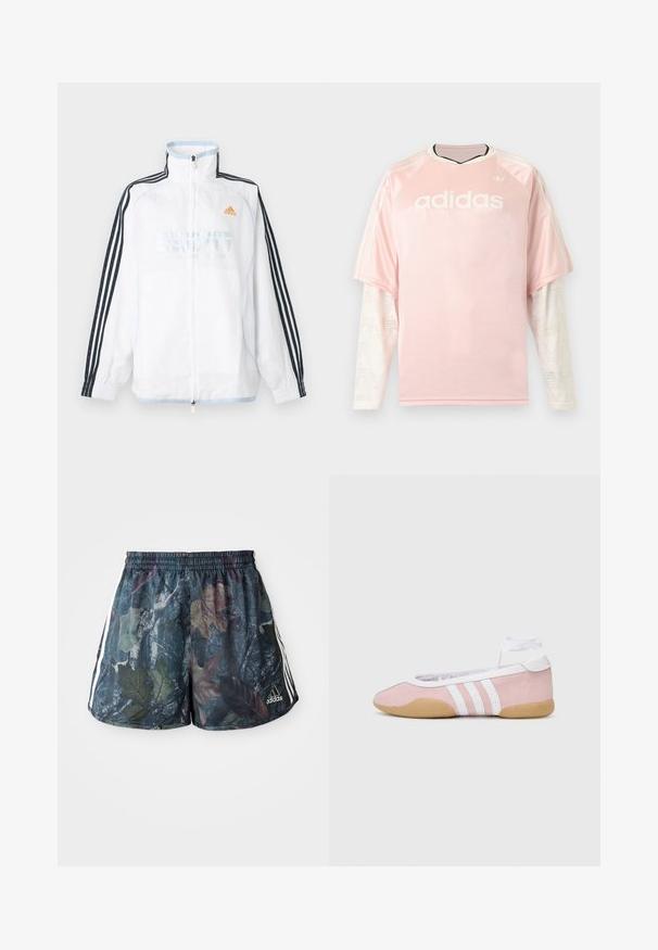 Hvid Adidas lynlåsjakke med høj krave, sorte ærmer med tre striber og orange logo på brystet.; Lyserød Adidas langærmet trøje med hvide mønstrede mesh-ærmer og Adidas-logo på brystet mod en grå baggrund.; Herre shorts med et flerfarvet bladmønster på en mørk baggrund, med elastisk talje og sidelister i hvid.; adidas Originals TAEKWONDO MEI BALLET - Sneakers - clear pink/ftwr white/gum