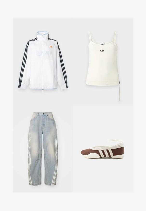 Hvid Adidas lynlåsjakke med høj krave, sorte ærmer med tre striber og orange logo på brystet.; Cremefarvet tanktop med tynde stropper; Adidas-logo i sort på brystet. Glat stof med en snorejustering ved kanten. Enkel design.; Lyseblå denimjeans med løs pasform, der har hvide striber ned langs siderne, slidte detaljer og knaplukning i taljen.; Brun og hvid balletflad sko med tre hvide striber og ankelbånds sløjfe på en ensartet lys baggrund.