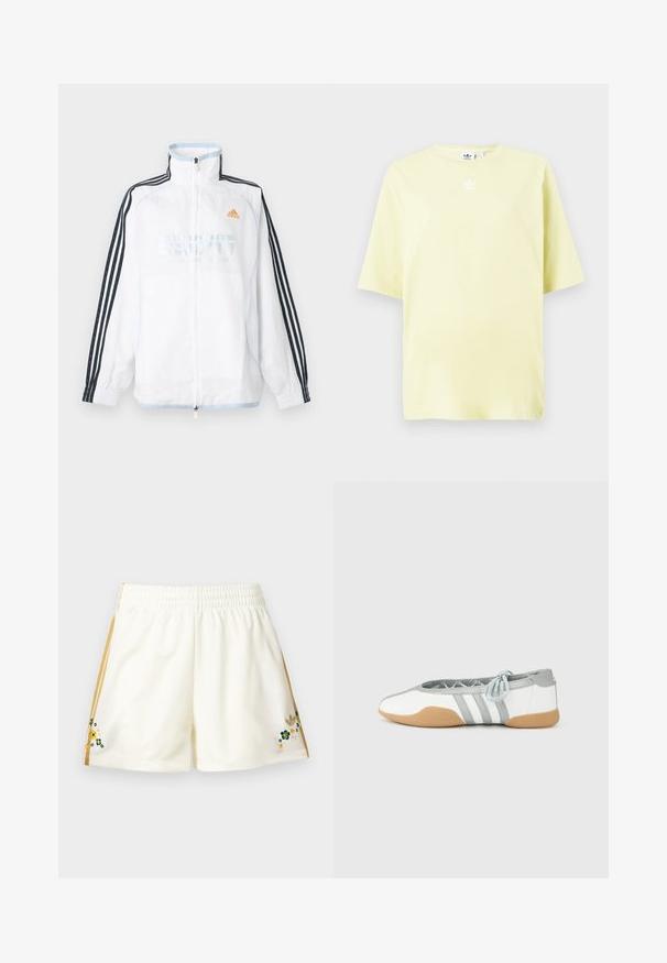Veste zippée Adidas blanche avec col montant, manches noires à trois bandes et logo orange sur la poitrine.; T-shirt Adidas jaune clair à manches courtes avec un petit logo trefoil blanc au centre près de l'encolure.; Shorts de sport couleur crème avec des rayures latérales dorées et de petites fleurs brodées vertes, jaunes et blanches près de l'ourlet des deux côtés.; Ballerines blanches et grises avec un bout arrondi et un lacet élastique, présentant trois rayures grises, et une semelle en caoutchouc beige.