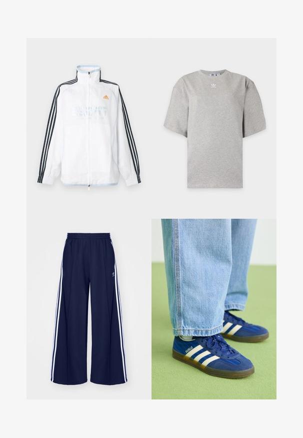 Valge Adidas lukuga jakk kõrge kraega, mustade kolme triibuga varrukatega ja oranži logoga rinnal.; Helehall Adidas lühikeste varrukatega t-särk, ümara kaelusega ja väikese valge Adidas logoga rinnal, esitatud lihtsal taustal.; adidas Originals PANT - Dresside alumine osa - night indigo; Sinised sametist tossud valgete triipudega ja tekstuursete mustritega, kantud helesiniste teksapükste ja rohelise tausta vastu.