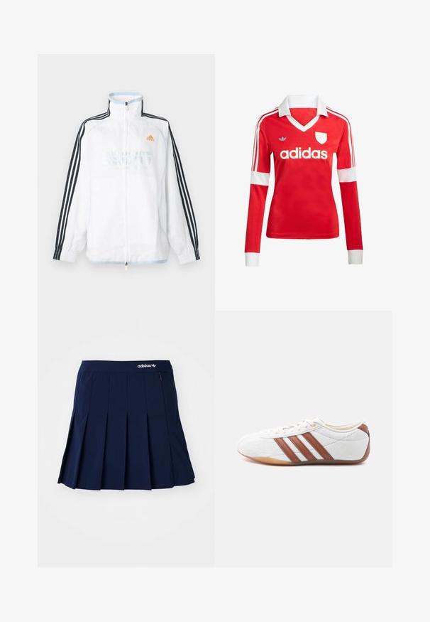 Witte Adidas jas met ritssluiting, hoge kraag, zwarte mouwen met drie strepen en oranje logo op de borst.; Rode lange mouwen voetbalshirt met een witte kraag en manchetten. Heeft drie witte strepen op de schouders en het "adidas" logo prominent weergegeven.; Marineblauwe plooienrok van lichtgewicht stof; heeft een elastische tailleband en een klein zipvak, met een wit Adidas-logo op de voorkant.; Witte lage sneaker met bruine leren strepen, veterluiting en een zool van gumrubber, gezien vanaf de binnenkant op een witte achtergrond.