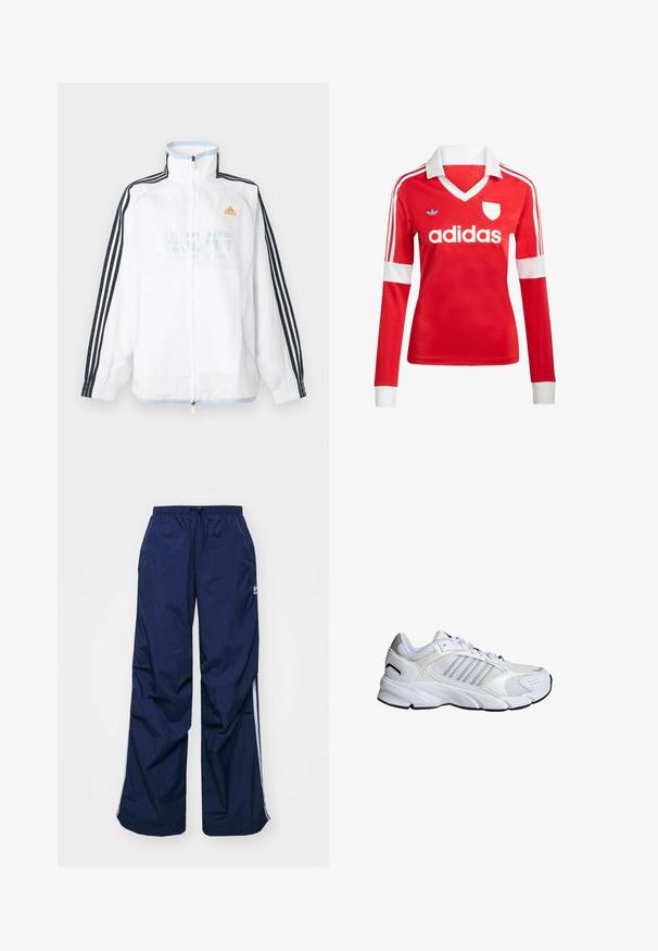 Witte Adidas jas met ritssluiting, hoge kraag, zwarte mouwen met drie strepen en oranje logo op de borst.; Rode lange mouwen voetbalshirt met een witte kraag en manchetten. Heeft drie witte strepen op de schouders en het "adidas" logo prominent weergegeven.; Navyblauwe, lichtgewicht broek met elastische taille en trekkoord, voorzien van witte zijstrepen en een klein logo aan de voorkant. Losse pasvorm.; Witte sportschoen met ademend mesh en synthetische materialen, drie zilveren strepen, een getextureerde rubberen zool en een gevoerde kraag.