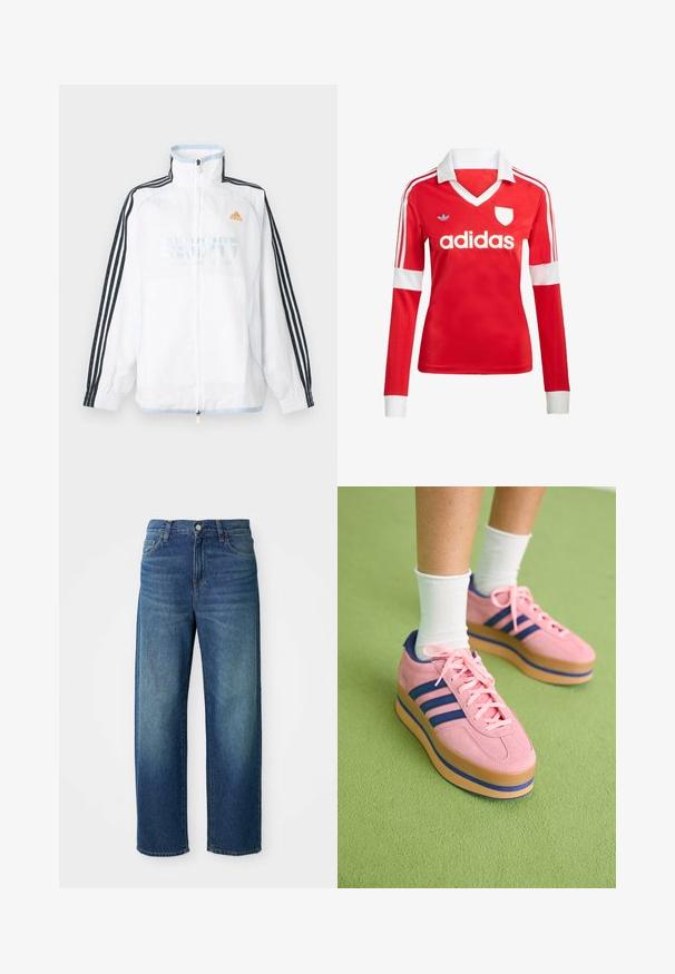 Biela bunda Adidas na zips s vysokým golierom, čiernymi rukávmi s tromi pruhmi a oranžovým logom na hrudi.; Červený futbalový dres s dlhým rukávom a bielym golierom a manžetami. Na ramenách sú tri biele pruhy a výrazne zobrazené logo "adidas".; Modré džíny z denimu, široký strih nohavíc, stredne vysoký pás, jemné vyblednutie, pätich vreciek, s gombíkom a zipsom na zapínanie, rovný lem.; Ružové semišové platformové tenisky s modrými pruhmi a ružovými šnúrkami. Tlustá béžová podrážka s modrým akcentom. Nosí sa s bielymi členkovými ponožkami na zelenej ploche.