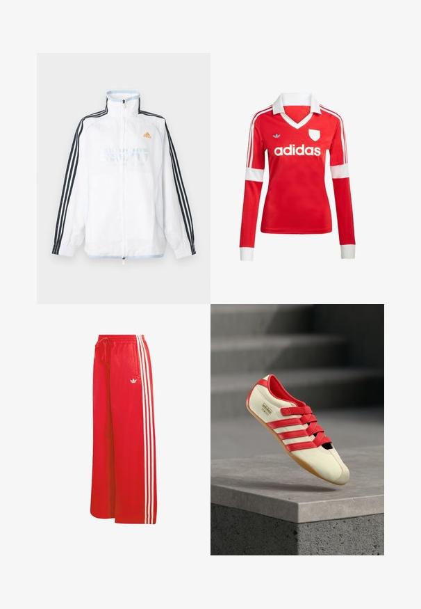 Λευκό μπουφάν Adidas με φερμουάρ και ψηλό γιακά, μαύρα μανίκια με τρεις ρίγες και πορτοκαλί λογότυπο στο στήθος.; Κόκκινη ποδοσφαιρική φανέλα με μακριά μανίκια, λευκό γιακά και μανσέτες. Διαθέτει τρεις λευκές ρίγες στους ώμους και το λογότυπο "adidas" εμφανώς τοποθετημένο.; Κόκκινο αθλητικό παντελόνι από ελαφρύ υλικό, με φαρδιά γραμμή, ελαστική μέση, κορδόνι και τρεις λευκές ρίγες σε κάθε πλευρά.; Κόκκινο και κρεμ αθλητικό παπούτσι με τρεις κόκκινες ρίγες, μαλακό επάνω μέρος, λαστιχένια σόλα και λουριά με βέλκρο. Διαθέτει κομψό, χαμηλού προφίλ σχεδιασμό.