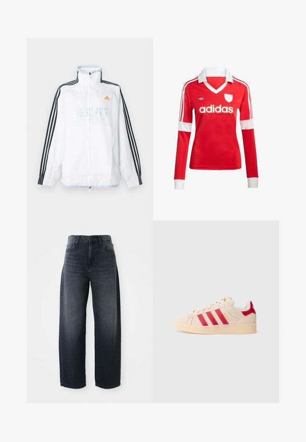 Hvid Adidas lynlåsjakke med høj krave, sorte ærmer med tre striber og orange logo på brystet.; Rød langærmet fodboldtrøje med hvid krave og manchetter. Har tre hvide striber på skuldrene og "adidas" logoet fremtrædende vist.; Vidde bukser i mørk denim med høj talje, klassisk knap- og lynlåslukning, samt subtil falming langs forsiden.; Lave sneakers i blødt beige ruskind med tre røde striber, en rød hæl og en cremefarvet gummisål; minimalistisk design med diskret branding.