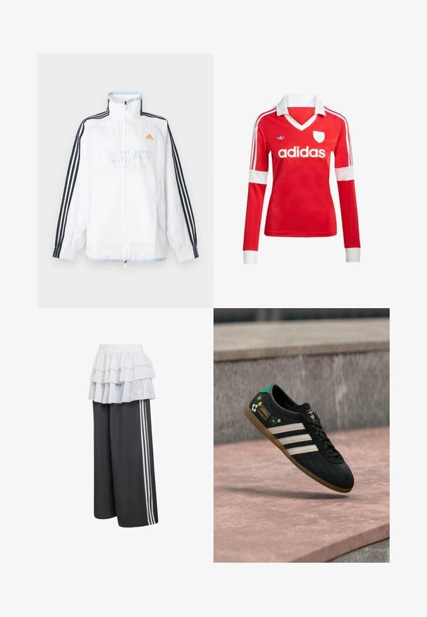 Λευκό μπουφάν Adidas με φερμουάρ και ψηλό γιακά, μαύρα μανίκια με τρεις ρίγες και πορτοκαλί λογότυπο στο στήθος.; Κόκκινη ποδοσφαιρική φανέλα με μακριά μανίκια, λευκό γιακά και μανσέτες. Διαθέτει τρεις λευκές ρίγες στους ώμους και το λογότυπο "adidas" εμφανώς τοποθετημένο.; Αθλητικό παντελόνι σε σκούρο γκρι με τρεις λευκές ρίγες στα πλάγια, καλυμμένο με στρωματοποιημένη λευκή βολάν επικάλυψη. Μαλακό ύφασμα, φαρδιά γραμμή.; Μαύρο αθλητικό παπούτσι με λευκές ρίγες, επάνω μέρος με σχέδιο και λουλουδάτες λεπτομέρειες, καθώς και πράσινη φτέρνα. Λαστιχένια σόλα που προσφέρει πρόσφυση.