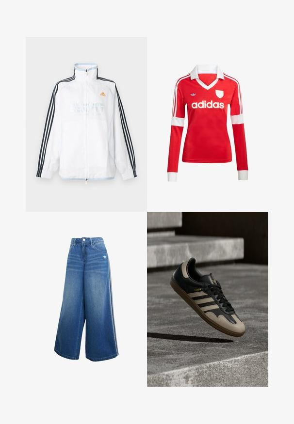 Veste zippée Adidas blanche avec col montant, manches noires à trois bandes et logo orange sur la poitrine.; Maillot de football à manches longues rouge avec un col et des poignets blancs. Présente trois rayures blanches sur les épaules et le logo "adidas" affiché en évidence.; Jeans en denim à jambes larges de couleur bleu moyen, dotés d'une taille haute, de détails de couture subtils et d'un petit logo blanc à l'avant.; Baskets en cuir noir et beige avec trois bandes blanches, semelle en caoutchouc beige et détail en or "Samba" sur le côté.