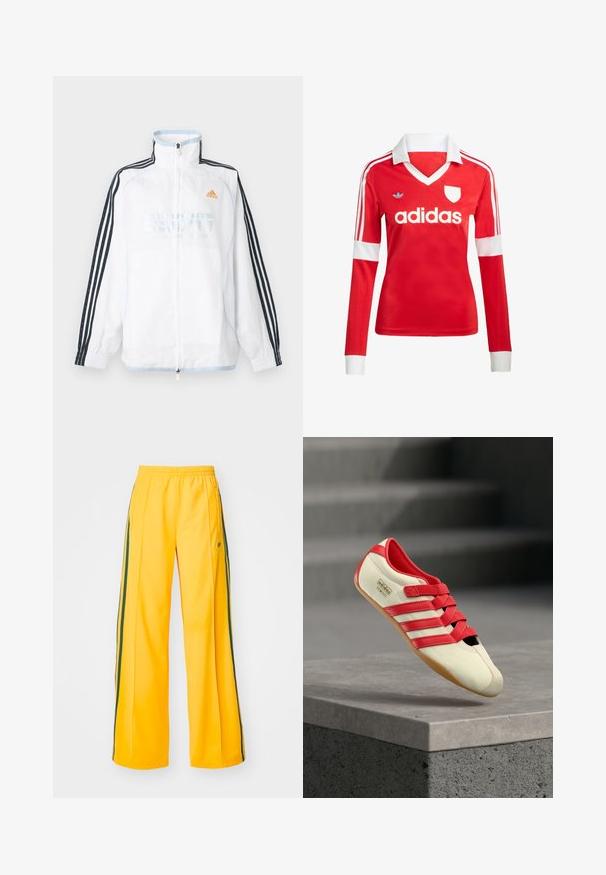 Valge Adidas lukuga jakk kõrge kraega, mustade kolme triibuga varrukatega ja oranži logoga rinnal.; Punane pikade varrukatega jalgpallipluus valge krae ja varrukateotstega. Omab kolme valget triipu õlgadel ja väljapaistvat "adidas" logo.; Kollased spordipüksid laia säärega, millel on rohelised külgredelid ja väike logo vasakul puusal. Mugavuseks elastne vöökoht.; Punase ja koorevärvi spordijalats, millel on kolm punast triipu, pehme ülaosa, kummist tall ja takjapaelad. Omaduseks on stiilne, madala profiiliga disain.