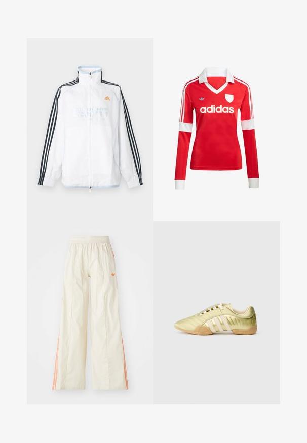 Valge Adidas lukuga jakk kõrge kraega, mustade kolme triibuga varrukatega ja oranži logoga rinnal.; Punane pikade varrukatega jalgpallipluus valge krae ja varrukateotstega. Omab kolme valget triipu õlgadel ja väljapaistvat "adidas" logo.; Kreemjas värvi laiade jalgadega püksid, millel on elastne vöökoht, oranžid küljeribad ja väike oranž logo ees.; Lime rohelised sünteetilisest materjalist spordijalats, millel on sile pind, kolm valget triipu, pehme sisemine vooder ja tekstuuriga kummist välistald.