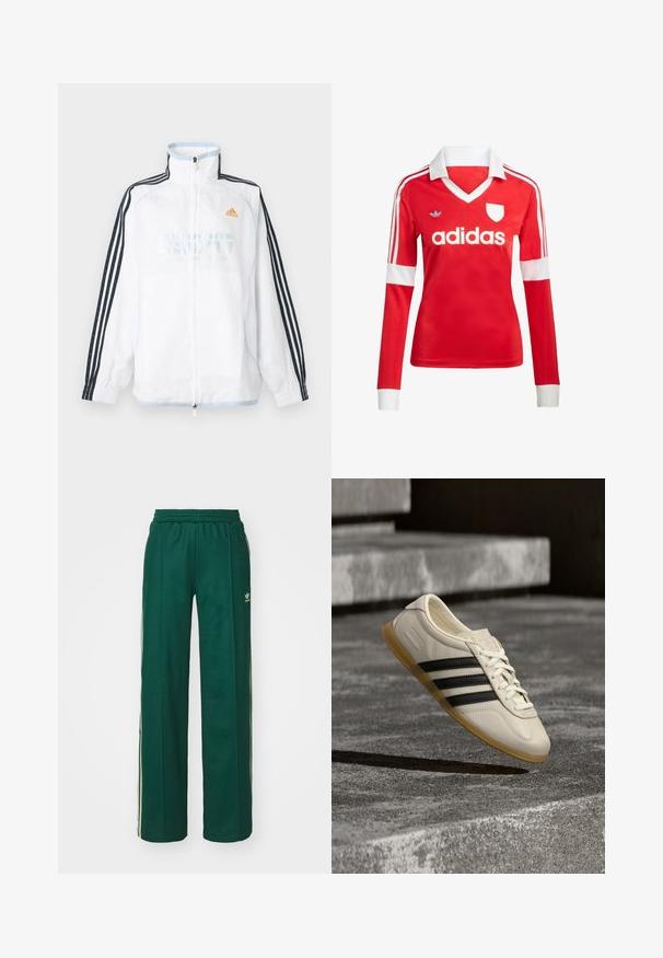 Biela bunda Adidas na zips s vysokým golierom, čiernymi rukávmi s tromi pruhmi a oranžovým logom na hrudi.; Červený futbalový dres s dlhým rukávom a bielym golierom a manžetami. Na ramenách sú tri biele pruhy a výrazne zobrazené logo "adidas".; Tmavohnedé športové nohavice s voľným strihom, s nastaviteľným pásom na šnúrku, postrannými vreckami a smotanovými pruhmi po stranách.; Biela teniska s čiernymi pruhmi a gumovou podrážkou vznášajúca sa nad betónovým schodiskom v mäkkom dennom svetle.