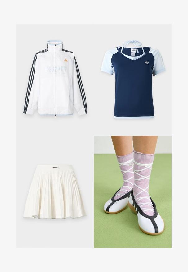 Hvid Adidas lynlåsjakke med høj krave, sorte ærmer med tre striber og orange logo på brystet.; Adidas top med korte ærmer i marineblå og lyseblå med V-hals, logo på brystet og halterstrop bundet bag på nakken.; Hvid plisseret tennisnederdel med bred linning og et lille ellesse-logo foran i midten.; Ben iført ribbet lilla sokker med hvide krydsede stropper kombineret med hvide balletsko med sort kant på grøn gulv.