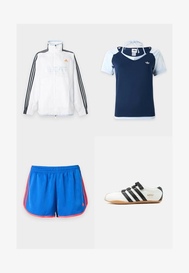 Λευκό μπουφάν Adidas με φερμουάρ και ψηλό γιακά, μαύρα μανίκια με τρεις ρίγες και πορτοκαλί λογότυπο στο στήθος.; Κοντομάνικη μπλούζα Adidas σε ναυτικό και ανοιχτό μπλε με V-λαιμόκοψη, λογότυπο στο στήθος και τιράντα halter δεμένη στο πίσω μέρος του λαιμού.; Μπλε αθλητικό σορτς με κόκκινο περίγραμμα και ρίγες στο πλάι, με ελαστική ζώνη μέσης και μικρό λογότυπο Adidas στο μπροστινό δεξί πόδι.; Λευκό sneaker Adidas Tokyo με μαύρες ρίγες, μαύρες λουράκια βέλκρο και σόλα από καουτσούκ, εμφανιζόμενο από το πλάι σε λευκό φόντο.