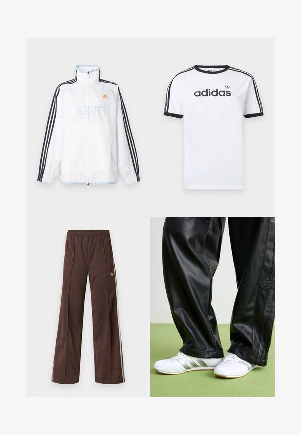 Λευκό μπουφάν Adidas με φερμουάρ και ψηλό γιακά, μαύρα μανίκια με τρεις ρίγες και πορτοκαλί λογότυπο στο στήθος.; Λευκό βαμβακερό μπλουζάκι με μαύρες λεπτομέρειες, διαθέτει στρογγυλή λαιμόκοψη, κοντά μανίκια, τρεις μαύρες ρίγες στους ώμους και λογότυπο "adidas" σε μαύρο χρώμα.; Καφέ αθλητικό παντελόνι με φαρδιά γραμμή, λευκές πλαϊνές ρίγες, ελαστική μέση και δύο πλαϊνές τσέπες. Διαθέτει μικρό λογότυπο στο πόδι.; Μαύρο παντελόνι από συνθετικό δέρμα με χαλαρή εφαρμογή, με λειαλή υφή και ρίγες στο πλάι. Συνδυάζεται με λευκά sneakers με ασημί λεπτομέρειες.