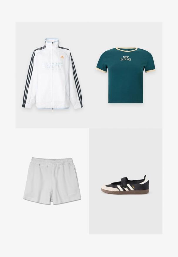 Hvid Adidas lynlåsjakke med høj krave, sorte ærmer med tre striber og orange logo på brystet.; Kortærmet T-shirt i blågrøn med beige kant på krave og ærmer, med teksten "NEW BALANCE" centreret på brystet.; Lys grå ribbede shorts med elastisk talje, der har to sidelommer og et lille hvidt logo nederst til højre.; Sort og beige sko med velcrolukning, tre hvide striber på siden og en tekstureret brun gummisål. Mærkelogo er synligt.